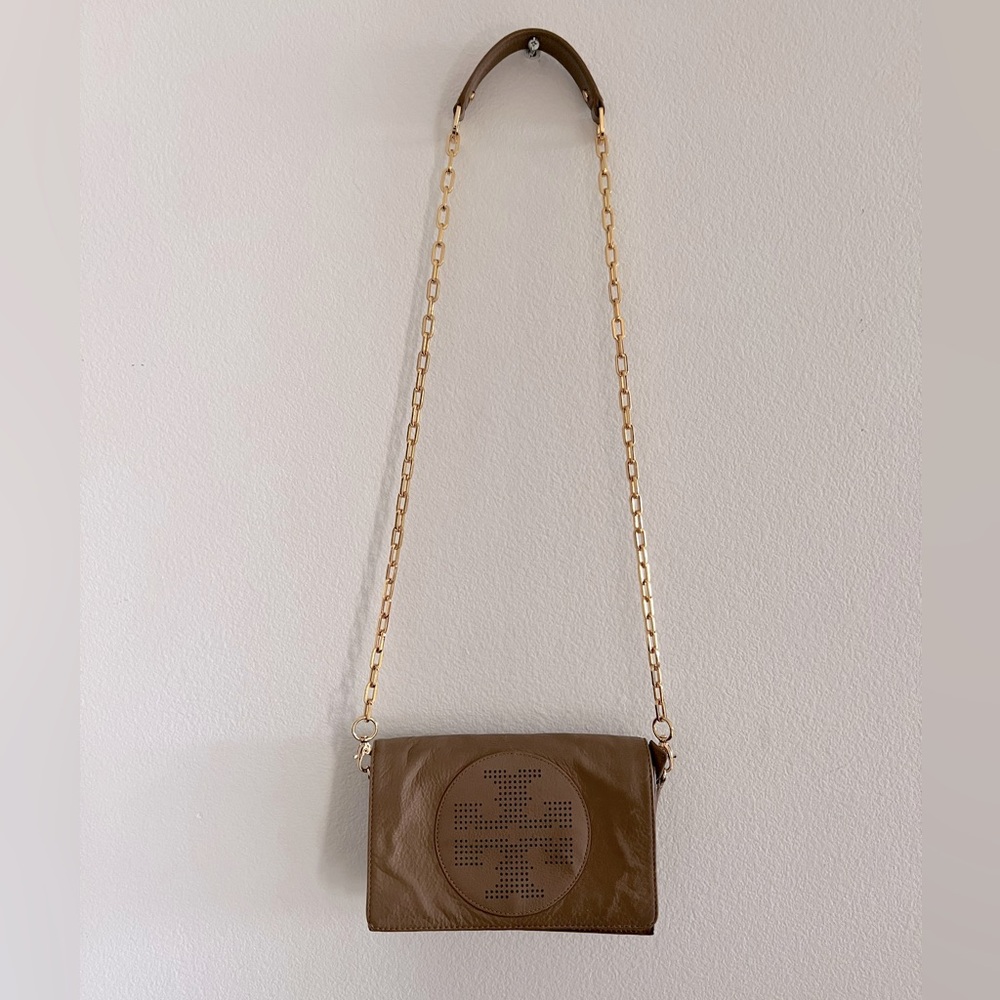Tory Burch tan Leather Logo Crossbody Bag